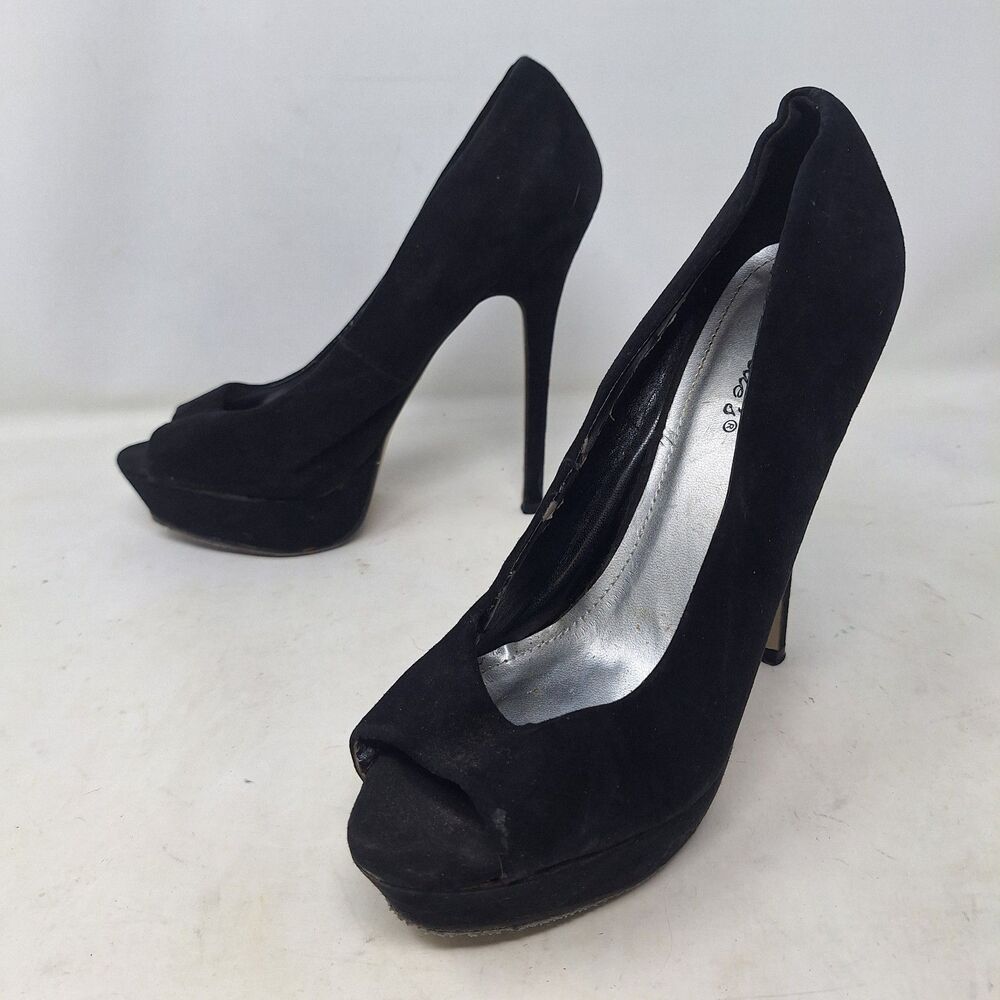 Breckelle's Black Faux Suede Platform Stiletto High Heel Peep Toe Pumps Size 8